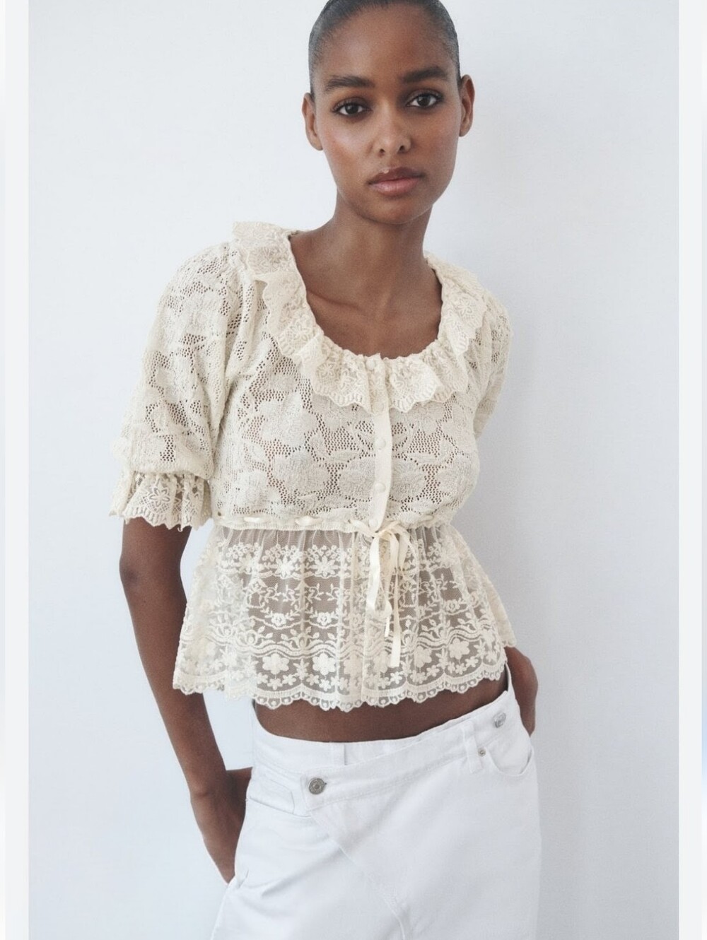 ZARA Lacy Knit Drawstring Cardigan Ivory Romantic Boho Gypsy Angel S New
